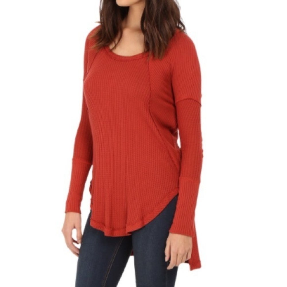 Free People Rust Waffle Knit Thermal Long Sleeve Tunic Shirt Sz S